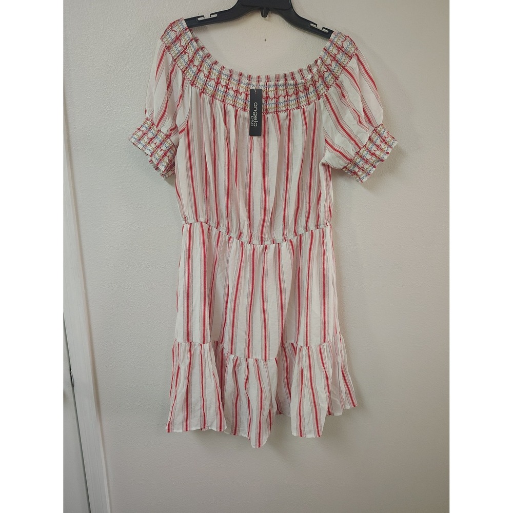 Angela Plus Red White Striped Smocked Off Shoulder Tiered Mini‎ Dress 2XL NWT